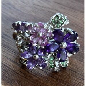 925 Sterling Silver Peridot,  Rose Quartz, Amethyst Ring Size 8